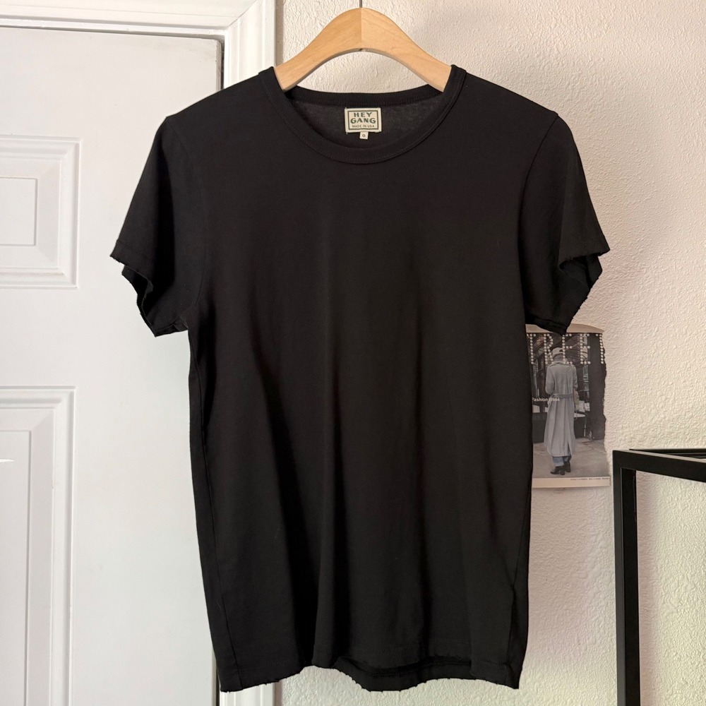 HEY GANG black knit distressed crew neck‎ short sleeve cotton tee t-shirt